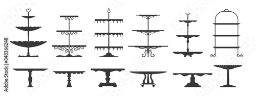 Wedding tea cake platter, isolated stand tray silhouettes. Vector retro table stands, pedestals and display plates for desserts, sweet food and pastries. Serving cake display platters, tiered stands