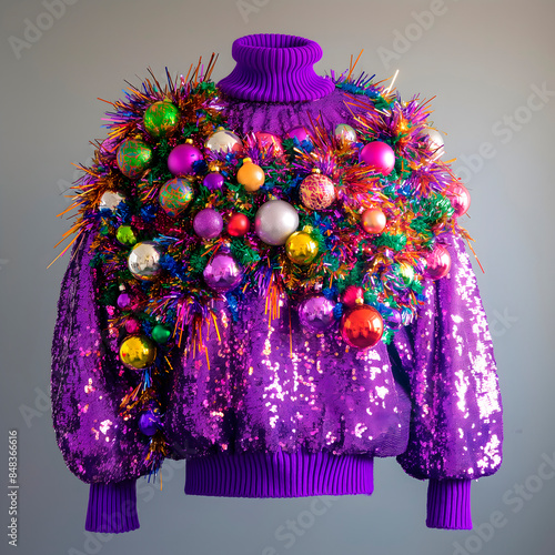 A bright purple ugly Christmas sweater decorated with colorful balloons, sequins and shiny tinsel, a festive costume, a festive Christmas party concept and greeting cards photo