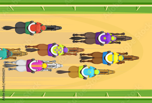 Horse race top view. Vector aerial scene with jockeys and their stallions in vibrant racing gear on the racetrack. Dynamic and competitive race showcasing the thrill and excitement of equestrian sport