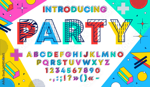 Memphis artistic font, hipster headline type. Vector geometric, modern abstract typescript, colorful funny typeface, english alphabet. Abc line letters, signs and numbers in colorful memphis style