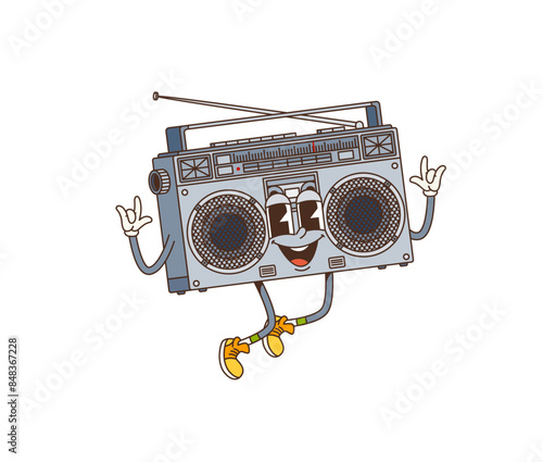 Retro cartoon groovy tape recorder character. Isolated vector vintage boombox personage in yellow shoes and gloves, smiles and raises both arms in peace signs, bouncing to the beat of old-school tunes