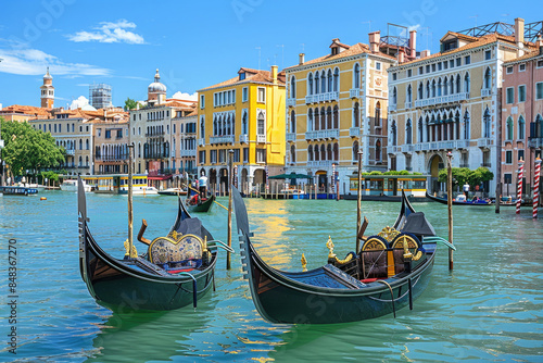 Gondolas floating on the Grand Canal in Venice with historic buildings in the background © Venka