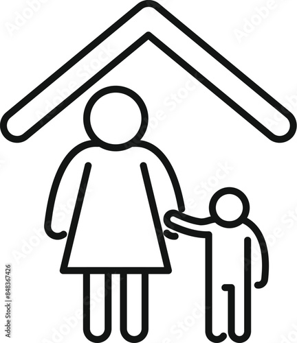 Single parent family concept icon with a mother holding her son's hand under a house roof