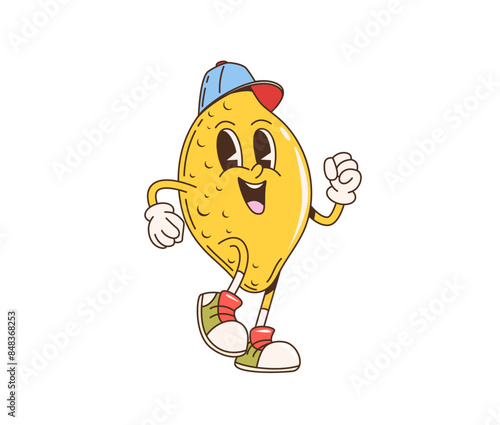 Retro cartoon groovy lemon citrus fruit character. Isolated vector citrus plant personage in a baseball cap and sneakers, cheerfully walking and waving during jogging sport activities at summer time