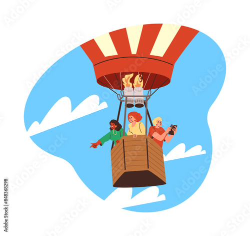 Hot air balloon flight with happy people soaring in sky flat vector illustration, tourist with camera device, air travel