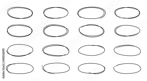 Oval sketch, black line ellipse doodle drawings. Isolated vector set of hand drawn scribble ovals, bubbles to elongated circular forms. Handwriting outline frames or borders for text highlighting