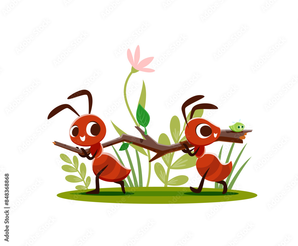 Cartoon ants carry tree branch, funny cute insect characters, vector ...