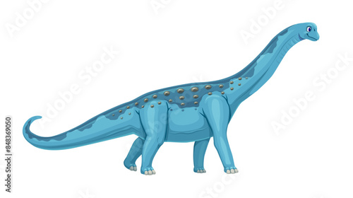 Paralititan prehistoric dinosaur. Cartoon vector sauropod dino character with massive, elongated body side view, long neck and tail in shades of blue, adorned with darker blue stripes and spots