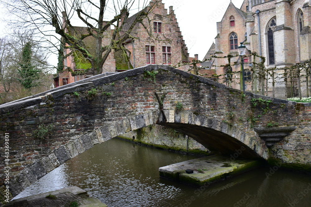 Fototapeta premium The small stone and brick Bonifacius bridge arching over a small canal in the medieval city centre of Bruges