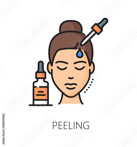 Face care, cosmetology and mesotherapy, skincare peeling linear color icon. Dermatology product, body hygiene or woman beauty cosmetics outline vector pictogram with skin peeling dropper