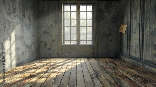 Abandoned room with a single window and wooden floor