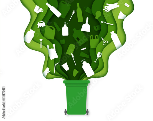 Paper cut wheelie bin, trash can, waste council bin with garbage and plastic rubbish. 3d vector papercut for waste reuse and recycle. Save environment origami style green layered frame with trash flow