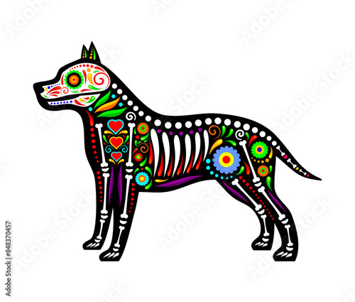 Mexican dog animal tattoo with skull  skeleton bones  hearts and vector floral ornament. Day of Dead  Dia de Los Muertos or Mexican fiesta and Halloween holiday decoration of skeleton dog for tattoo