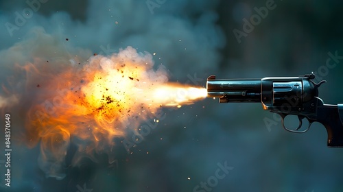 Explosive Gunshot with Fiery Light Bursting from Handgun Barrel