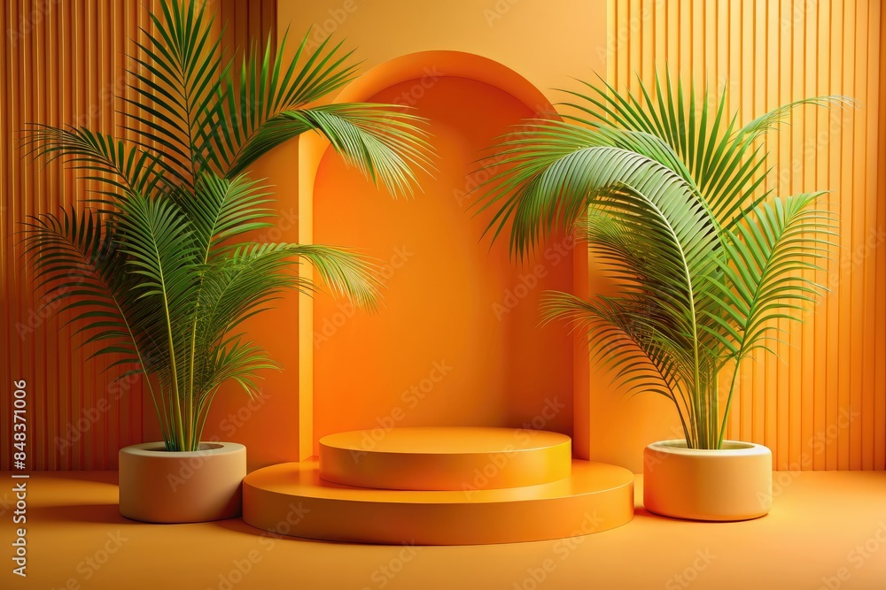 Obraz premium Modern stage with palm plants and orange backdrop