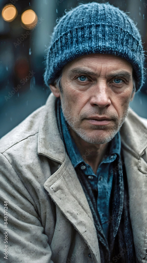 Close Up Emotive Middle Aged Man Blue Eyes Wool Hat Worn Winter Clothing Outdoor Bokeh Background Close Up Emotive Middle Aged Man Blue Eyes Wool Hat Worn Winter Clothing Outdoor Bokeh Background