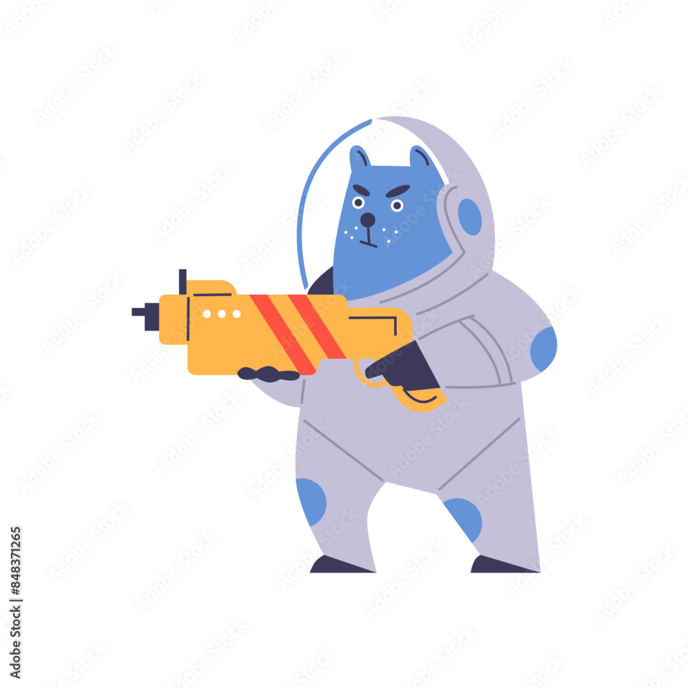 Obraz premium Fantasy blue cat astronaut with a blaster, vector illustration.