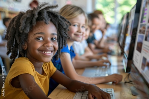 Multiethnic group of children using computers in a classroom.