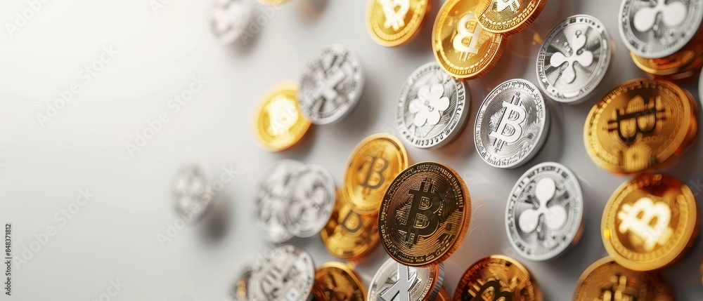 Modern Digital Currency Symbols in Floating Concept on White Background with Soft Shadow Effect Modern Digital Currency Symbols in Floating Concept on White Background with Soft Shadow Effect