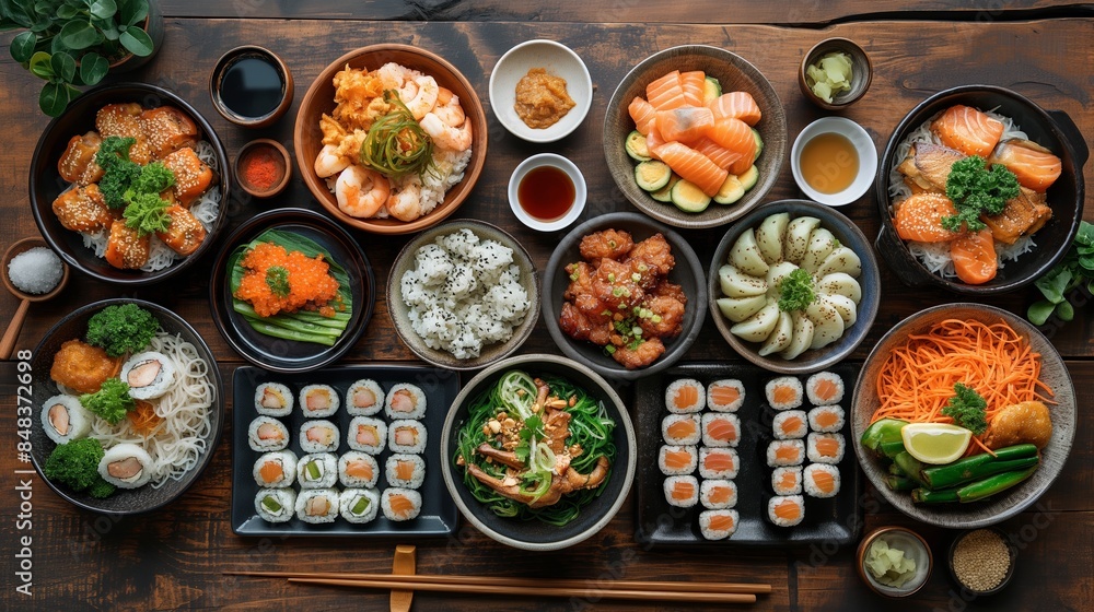 An enticing array of sushi and Japanese delicacies artfully presented, showcasing a feast for both the eyes and the palate. An enticing array of sushi and Japanese delicacies artfully presented, showcasing a feast for both the eyes and the palate.