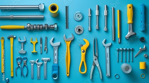 Various tools and hardware laid out on a blue background.