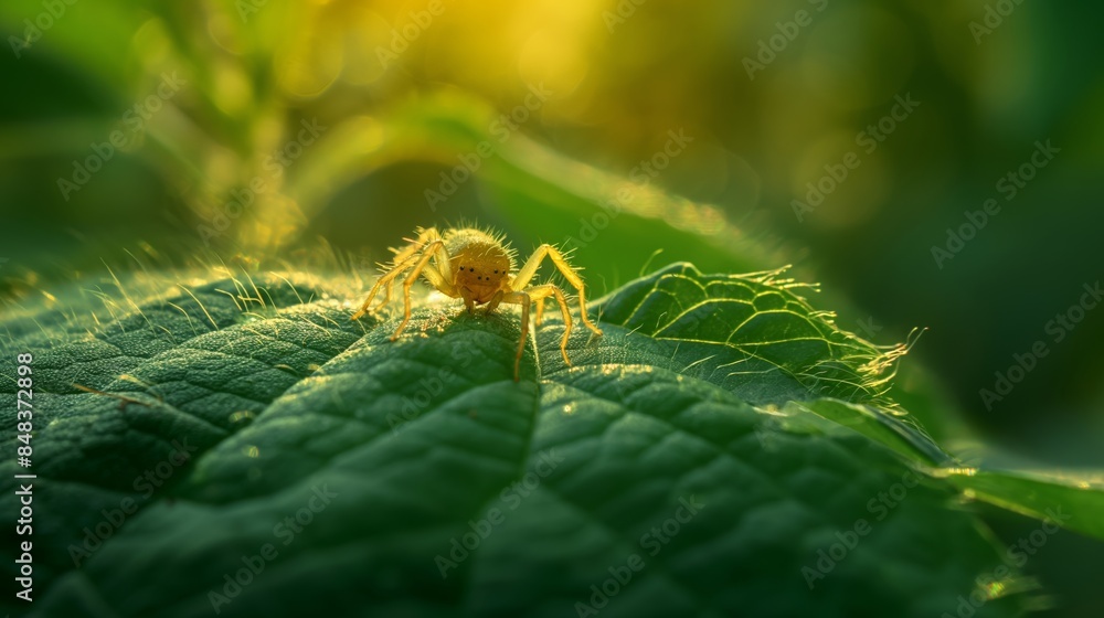 In this serene scene, a golden spider basks in the soft sunlight on a green leaf, surrounded by the gentle glow of nature. In this serene scene, a golden spider basks in the soft sunlight on a green leaf, surrounded by the gentle glow of nature.