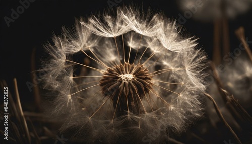 The soft, fluffy texture of a dandelion seed head. AI generated photo
