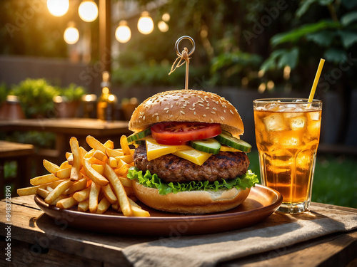 A french fries and delicious veg burger combo in plate on big thick wooden part smoky background