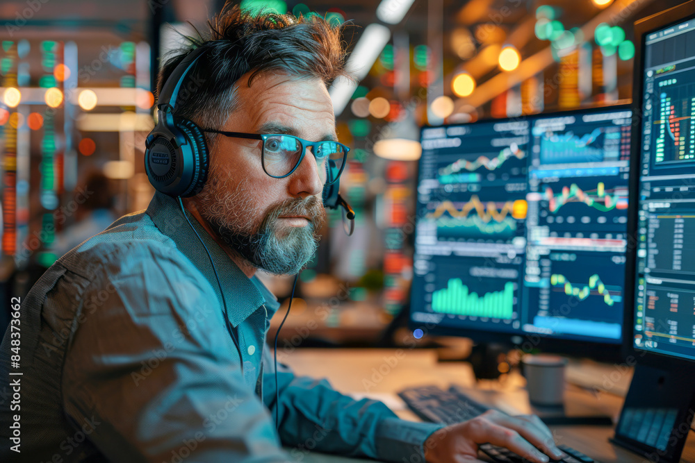 Expert Investment Traders Analyzing Finance Data and Market Trends in Call Center Office Setting Expert Investment Traders Analyzing Finance Data and Market Trends in Call Center Office Setting