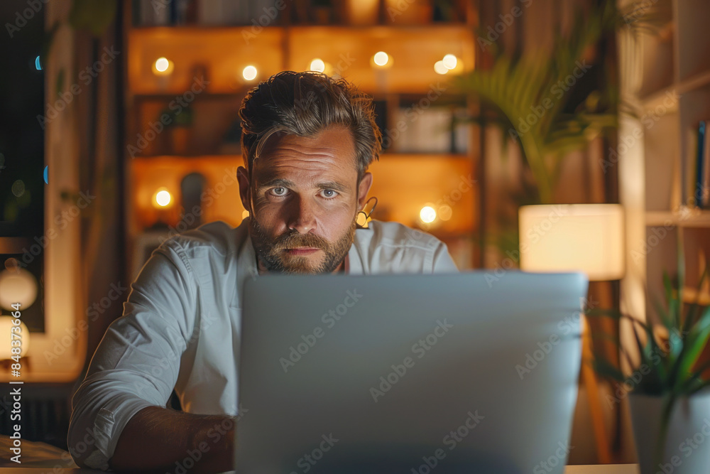 Innovative Male Entrepreneur Strategizing at Home Office, Crafting Thoughtful Email Response. Remote Worker Seeking Inspiration for Projects. Innovative Male Entrepreneur Strategizing at Home Office, Crafting Thoughtful Email Response. Remote Worker Seeking Inspiration for Projects.