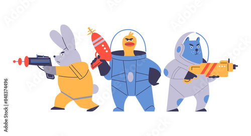 Vector image of a animals- warrior: cat, duck, rabbit in spacesuits armed with blasters