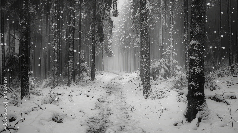 Snowy day in the forest with a somber atmosphere Snowy day in the forest with a somber atmosphere