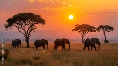 Majestic Elephants Grazing in Vibrant Savannah Sunset Landscape