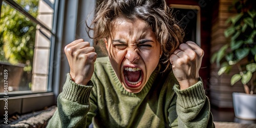 Scream, aggression, anger, emotion of a woman, emotional state generated by AI photo