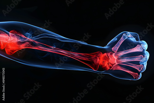 Detailed X-ray of male human elbow, focusing on the elbow joint with red highlights indicating areas of pain. The image features clear view of the skeletal structure against solid black background photo