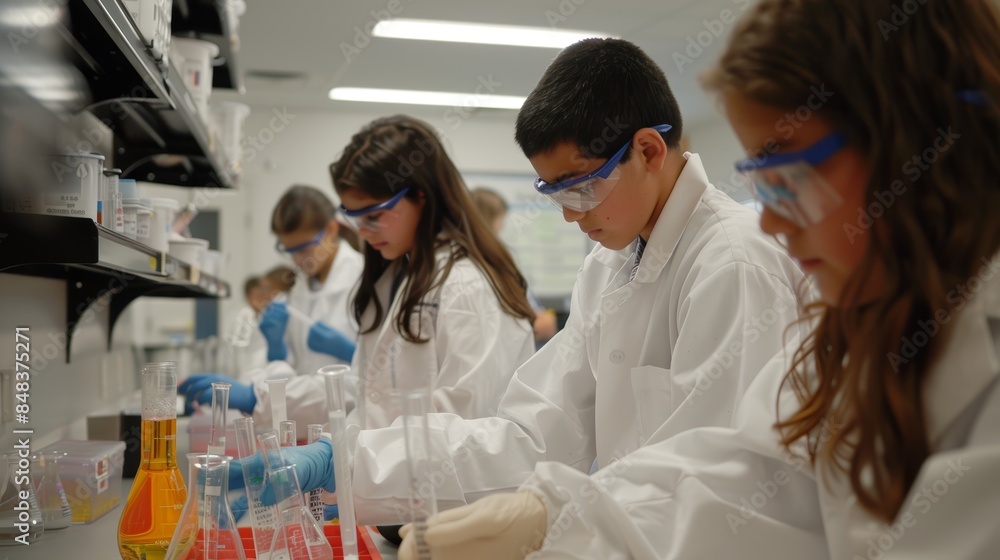 Students Conducting Science Experiment in Laboratory with Safety Gear and Lab Equipment Students Conducting Science Experiment in Laboratory with Safety Gear and Lab Equipment
