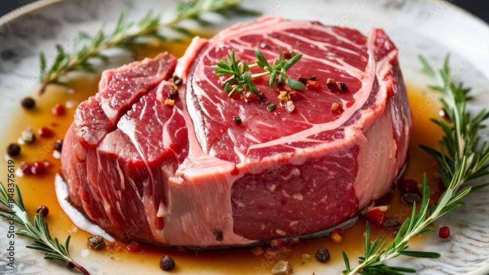 Ossobuco steak in the cut: juicy raw meat spread out on a bed of fragrant herbs. Ossobuco steak in the cut: juicy raw meat spread out on a bed of fragrant herbs.