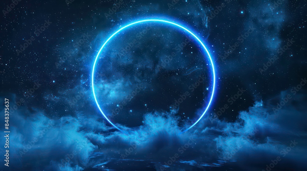 Modern illustration of neon blue circle in sparkling cloud of smoke. Milky way stars in night sky. Illuminated led border with abstract stardust mist. Generative AI Modern illustration of neon blue circle in sparkling cloud of smoke. Milky way stars in night sky. Illuminated led border with abstract stardust mist. Generative AI