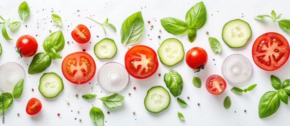 Creative Food Banner with Tomato Slice, Onion, Cucumber, and Basil Leaves Arrangement on White Background Creative Food Banner with Tomato Slice, Onion, Cucumber, and Basil Leaves Arrangement on White Background