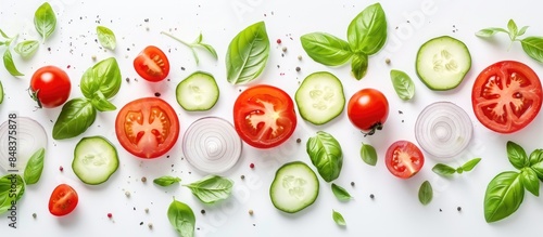 Creative Food Banner with Tomato Slice, Onion, Cucumber, and Basil Leaves Arrangement on White Background