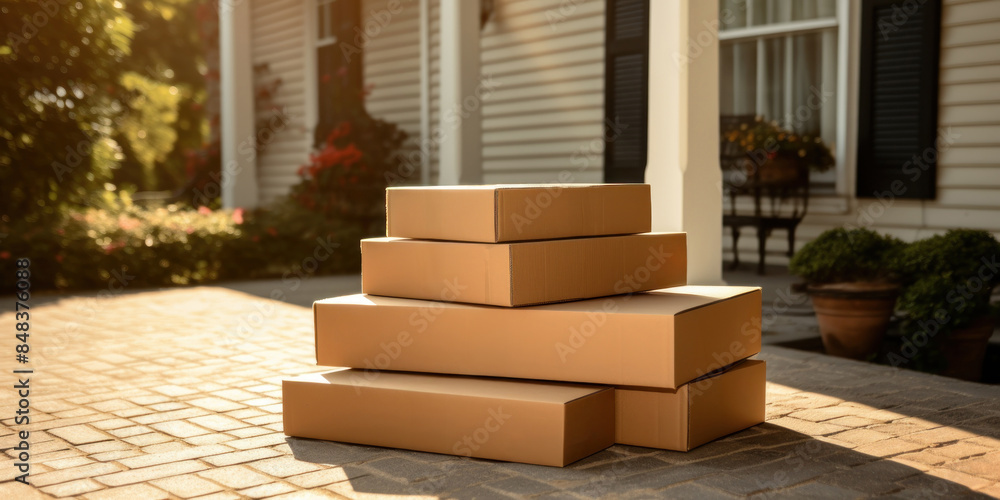 Fast Delivery To Home. Cardboard Packages On Residential Porch. Parcels Collection On House Entrance. Generative AI Fast Delivery To Home. Cardboard Packages On Residential Porch. Parcels Collection On House Entrance. Generative AI