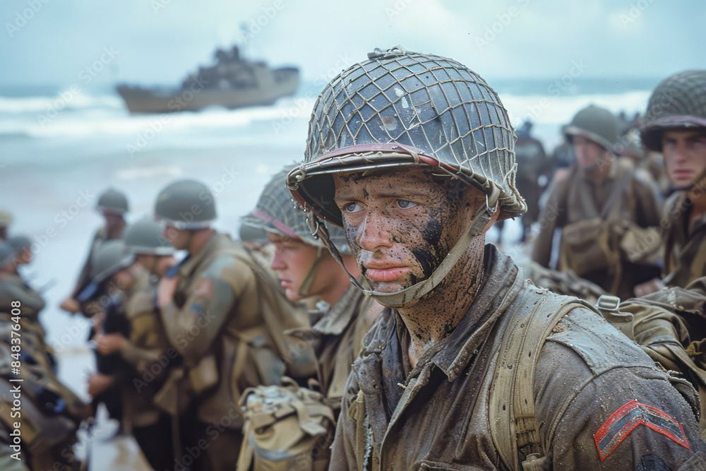 Fototapeta premium Efficient D-Day Deployment: Allies Streamline Troop Landings in Normandy