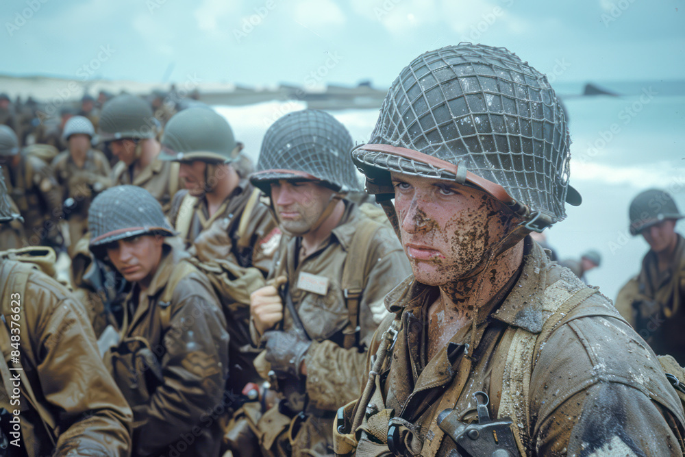 Fototapeta premium Efficient D-Day Deployment: Allies Streamline Troop Landings in Normandy