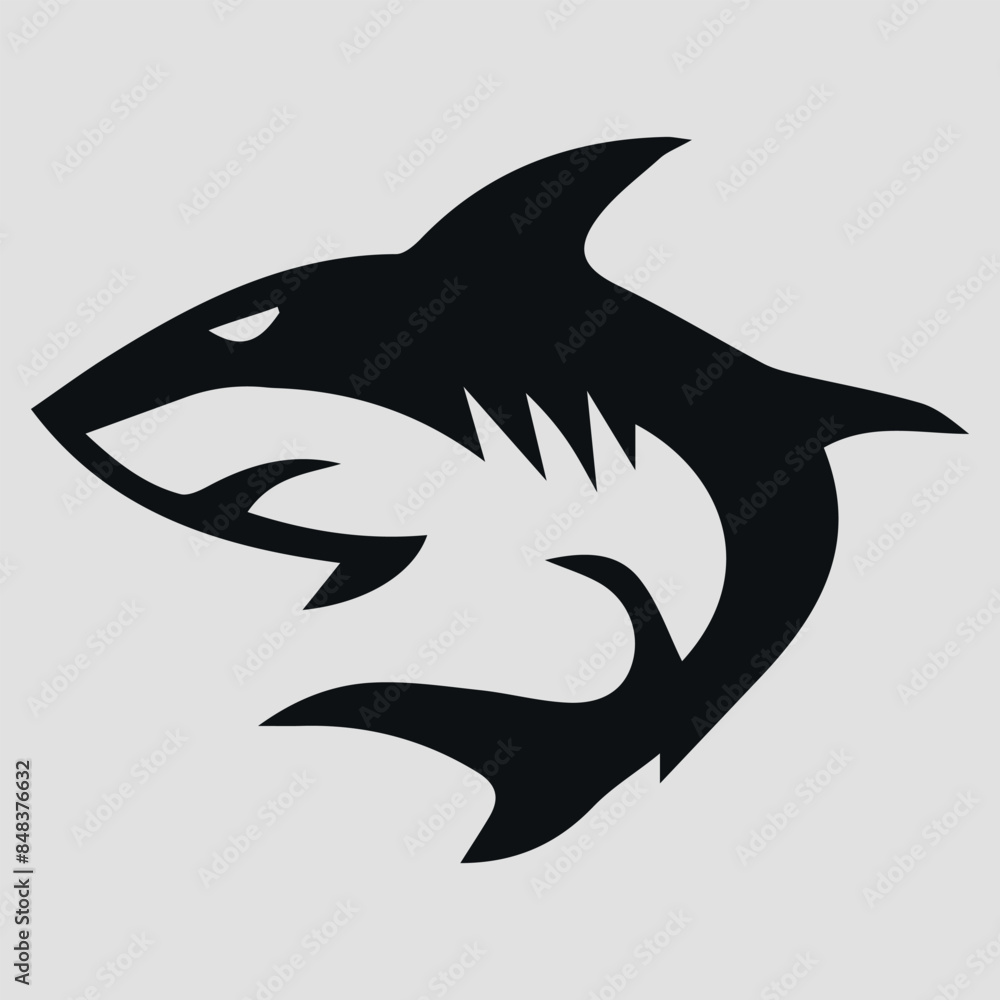 Obraz premium The black silhouette of a shark. Vector icon on a gray background 