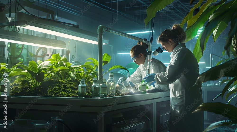 Two scientists working on a new plant in a high tech terrarium Two scientists working on a new plant in a high tech terrarium