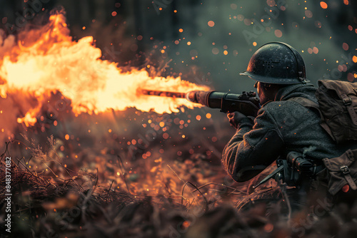 "Fiery Fury: WW2 German Soldier Wielding Flamethrower in Battle" © Fernando Cortés