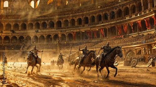 Dramatic chariot race and gladiator fight in ancient colosseum photo