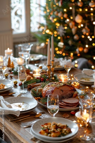 A beautifully set Christmas dinner table with an array of traditional dishes © ANNY
