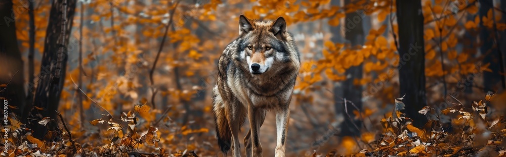 A majestic wolf standing in the forest,surrounded by autumn leaves and tall trees. A majestic wolf standing in the forest,surrounded by autumn leaves and tall trees.