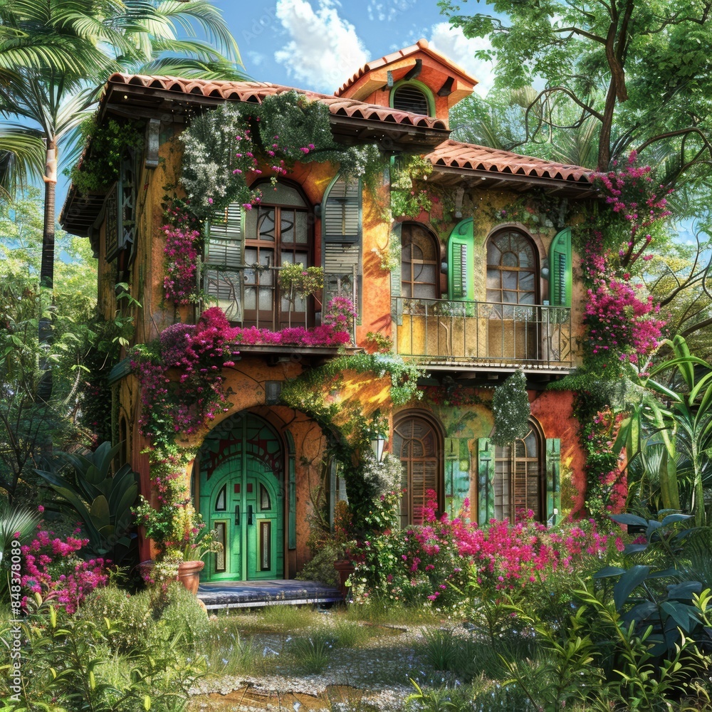 Charming Mediterranean villa with pink flowers and green shutters Charming Mediterranean villa with pink flowers and green shutters